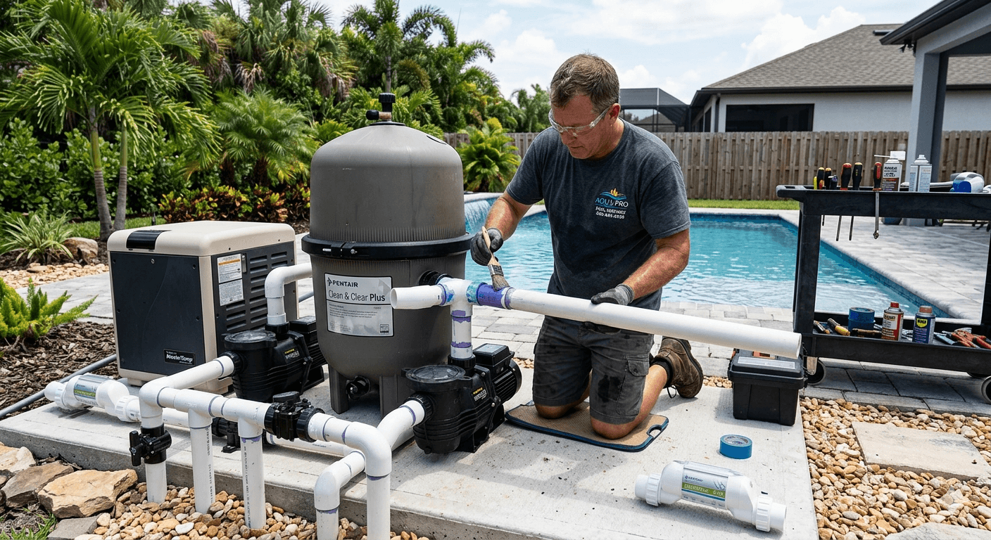 Pool technician inspecting filtration equipment