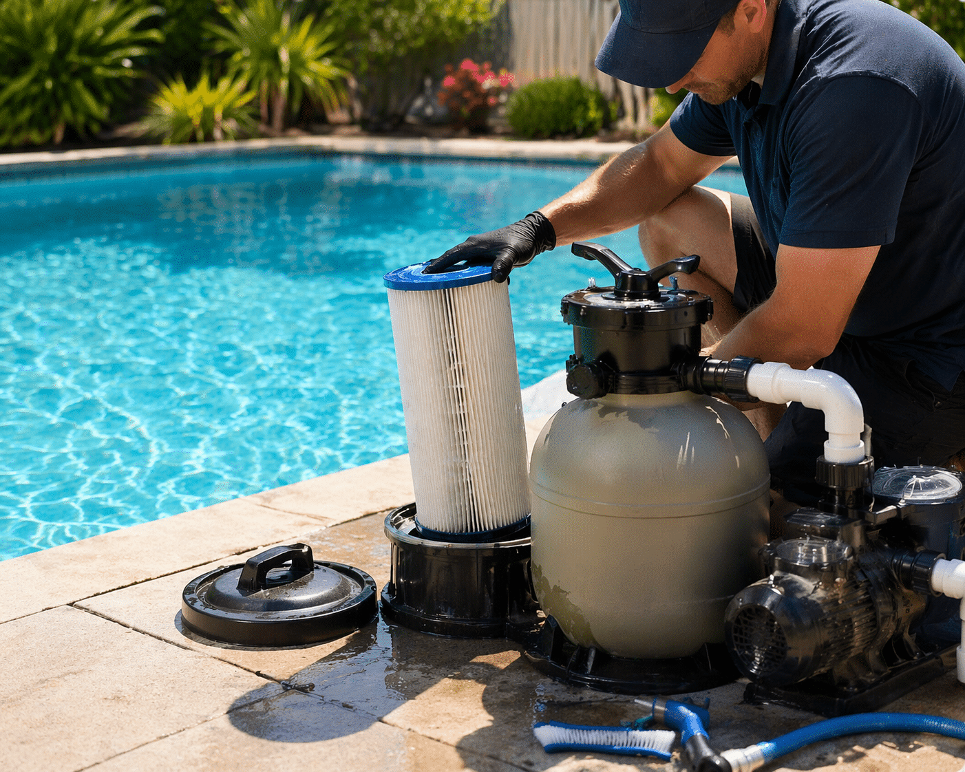 Certified pool technician servicing pool equipment
